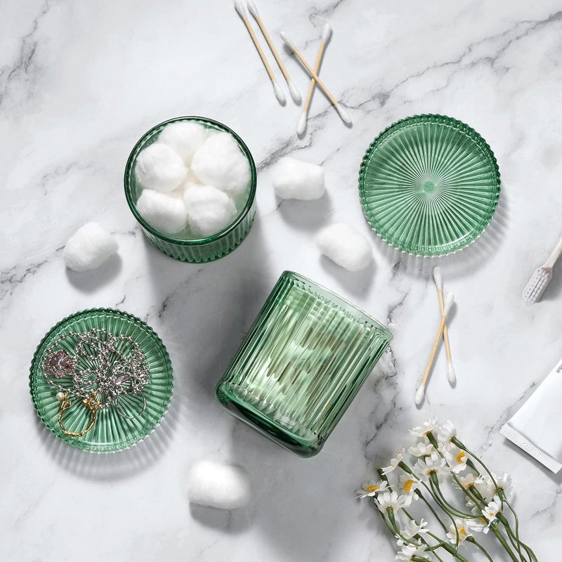 MKOSAB 2 Pack Qtip Holders for Bathroom, Clear Glass Apothecary Jars with Lids,Vintage Bathroom Canisters for Cotton Balls,Swabs,Floss Picks,Hair Ties,Vanity Organizer and Storage Decor (Green) - Image 2